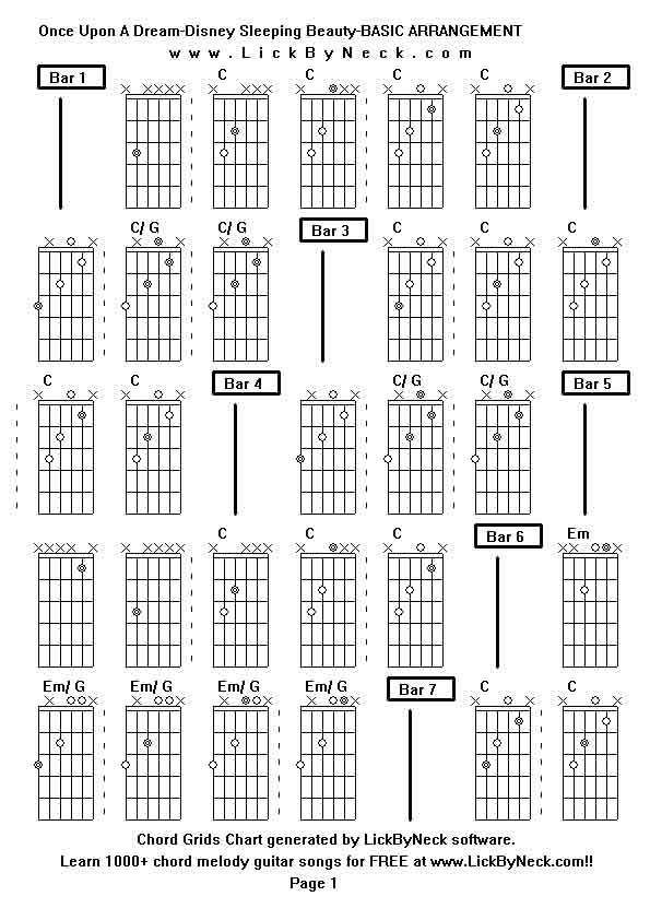 Chord Grids Chart of chord melody fingerstyle guitar song-Once Upon A Dream-Disney Sleeping Beauty-BASIC ARRANGEMENT,generated by LickByNeck software.